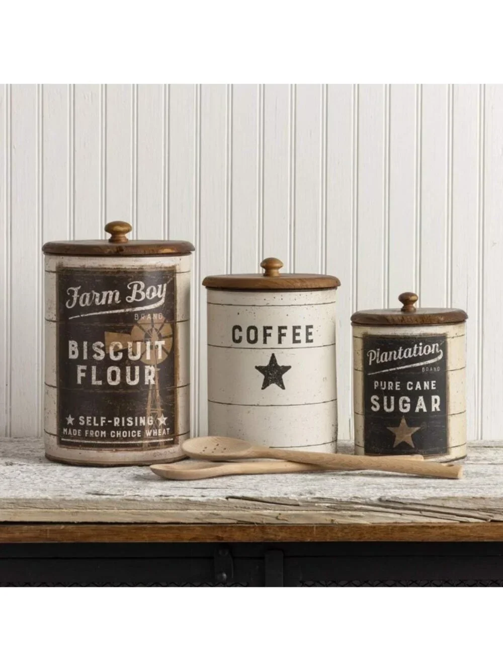 Farmhouse Style Tin Canisters Set - Sugar, Coffee, Flour Storage Containers